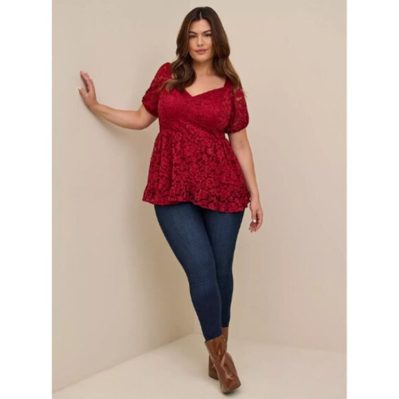 torrid Tops - Torrid Floral Lace Pleated Babydoll Short Puff Sleeve Stretch Blouse Boho Red 28